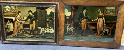 Two early 19th century coloured reverse glass prints, each titled 'The Affectionate Wife', 25 x 35cm