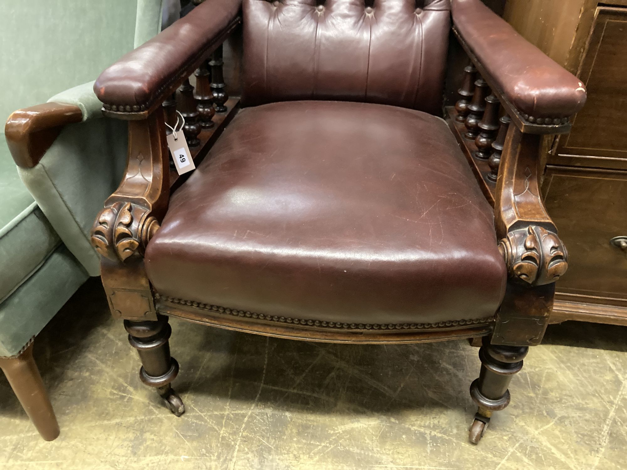 An early Victorian burgundy leather library chair, width 68cm, depth 80cm, height 98cm - Image 2 of 4