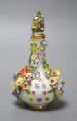A rare mid 19th century Derby flower encrusted scent bottle, crown D mark in red, height 13cm