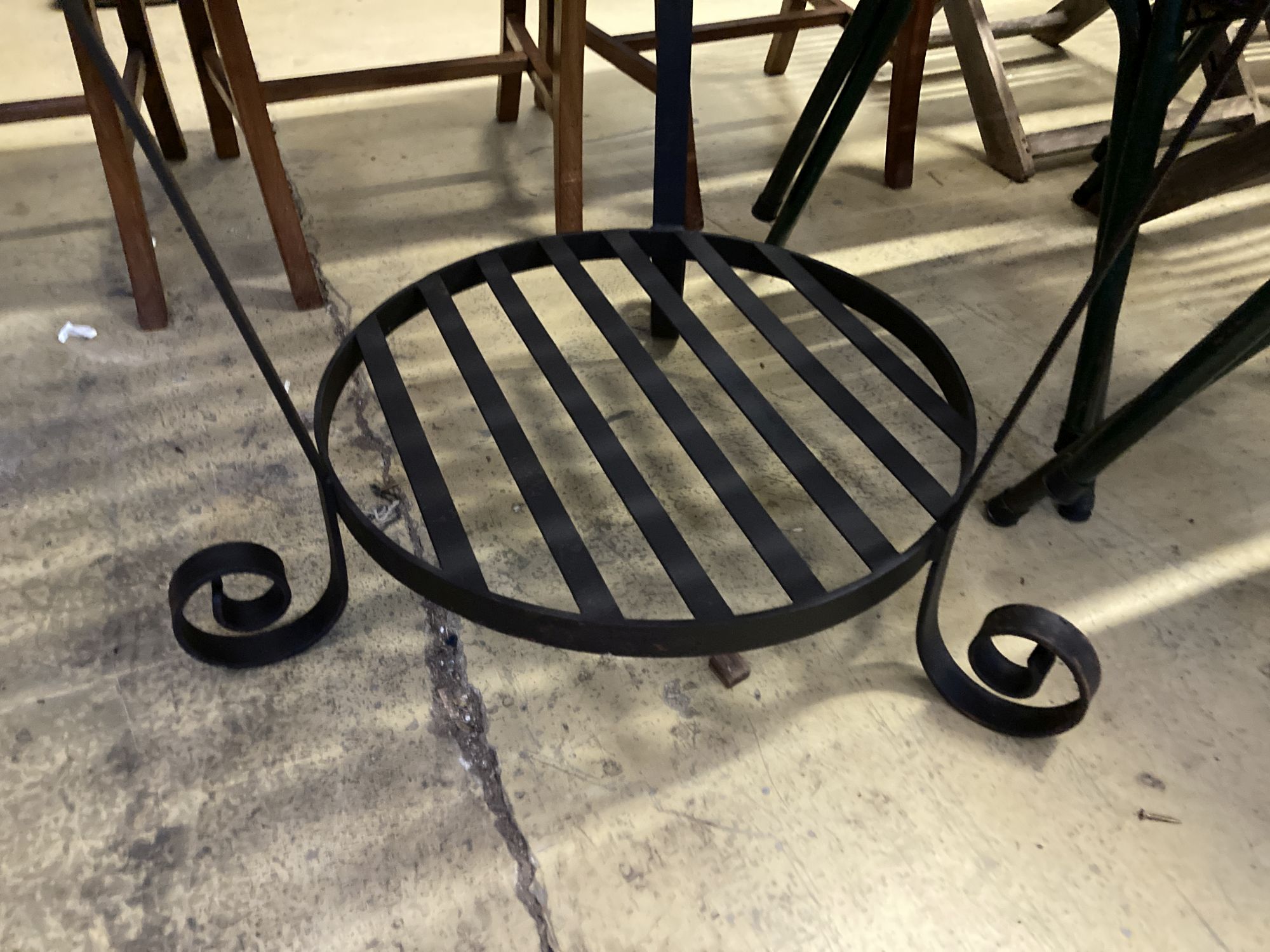 A circular slatted wood and wrought iron garden table, 85cm diameter, height 78cm together with a - Image 4 of 5