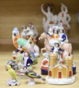 A collection of assorted Staffordshire figures and sundry ceramics including mid 18th century