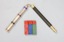 A late Victorian 15ct overlaid and enamel triple propelling pencil, one other pencil and three small