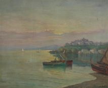 Ensel Salvi (Italian, 20th C.), oil on board, Italian coastal landscape at sunset, signed, 38 x