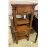 A pair of mahogany bow front bedside tables, width 50cm, depth 50cm, height 62cm