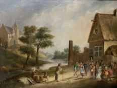 Van Heyde, oil on canvas, 17th century figures celebrating beside a tavern, signed, 37 x 48cm