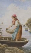 D. Lari (Italian, 19th century), Young fisherwoman with her catch, indistinctly signed, watercolour,
