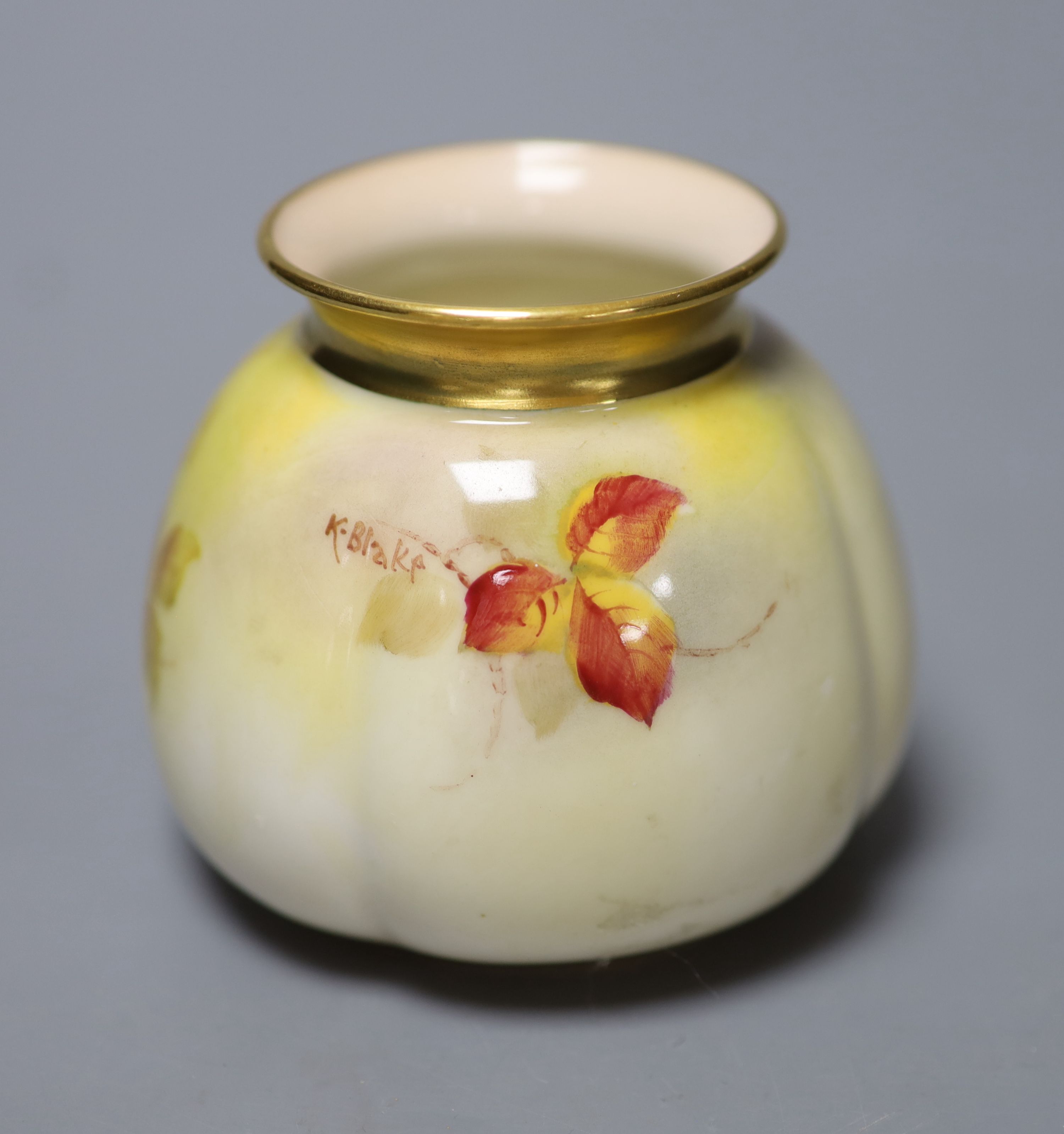 A Royal Worcester moulded vase shape 158H painted with autumnal leaves and berries by K. Blake, - Image 3 of 5
