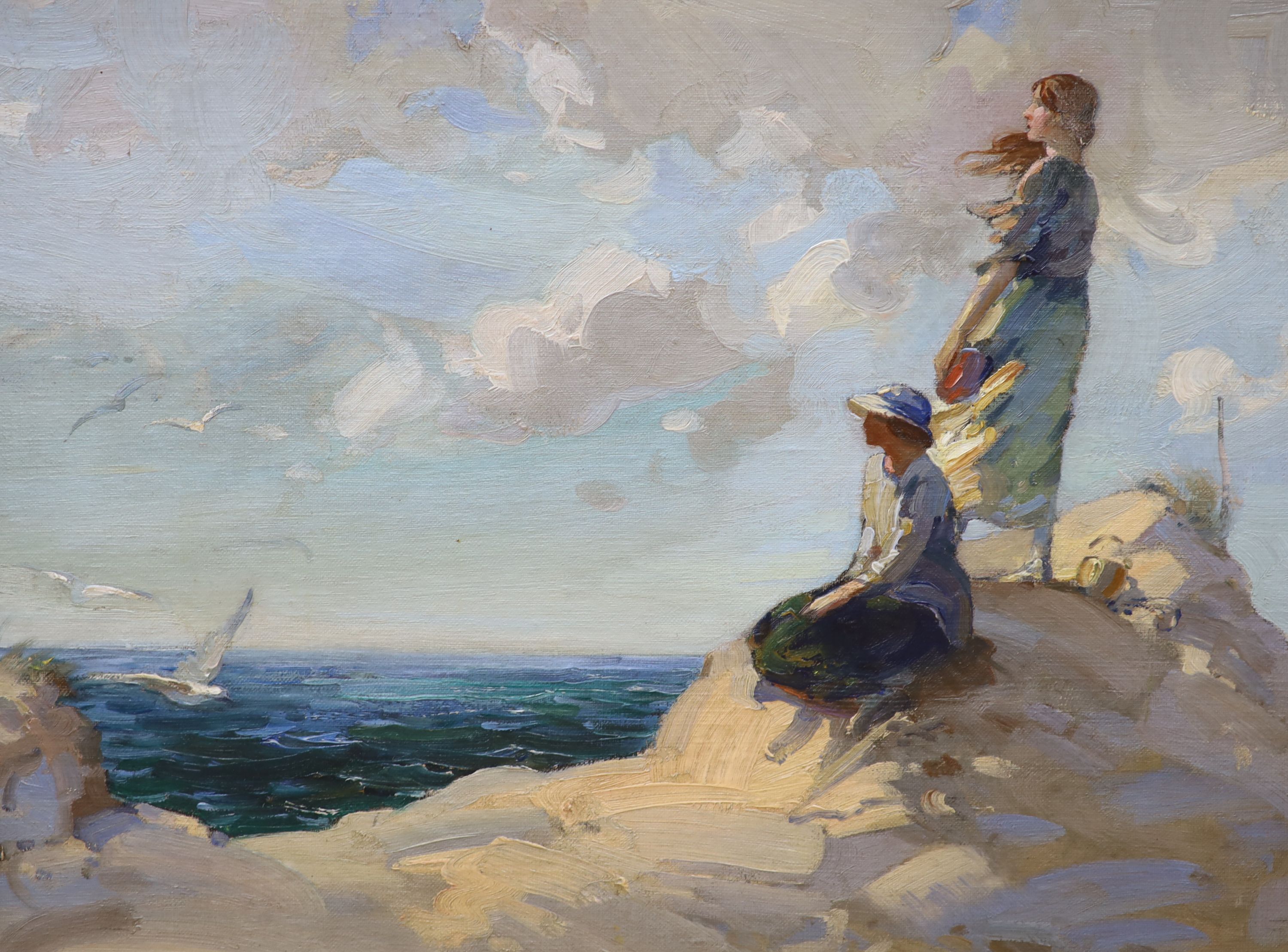British School (20th century), Coastal scene with two young woman on a sand dune looking out to sea,