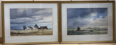 Dennis Pannett (1939-), two watercolours, Cattle in a landscape and Farmhouse beneath clouds,