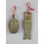 China, 2 archaistic bronze charms or amulets, Qing dynasty or earlier both copies of inscribed