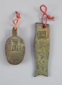 China, 2 archaistic bronze charms or amulets, Qing dynasty or earlier both copies of inscribed