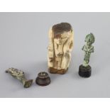 Two Egyptian bronze statuettes of Osiris and a sculpted limestone figure fragment, Ptolemaic period,