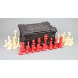 A Jaques London red and white ivory 3 1/2" Staunton chess set, c.1850, with Carton Pierre casket,