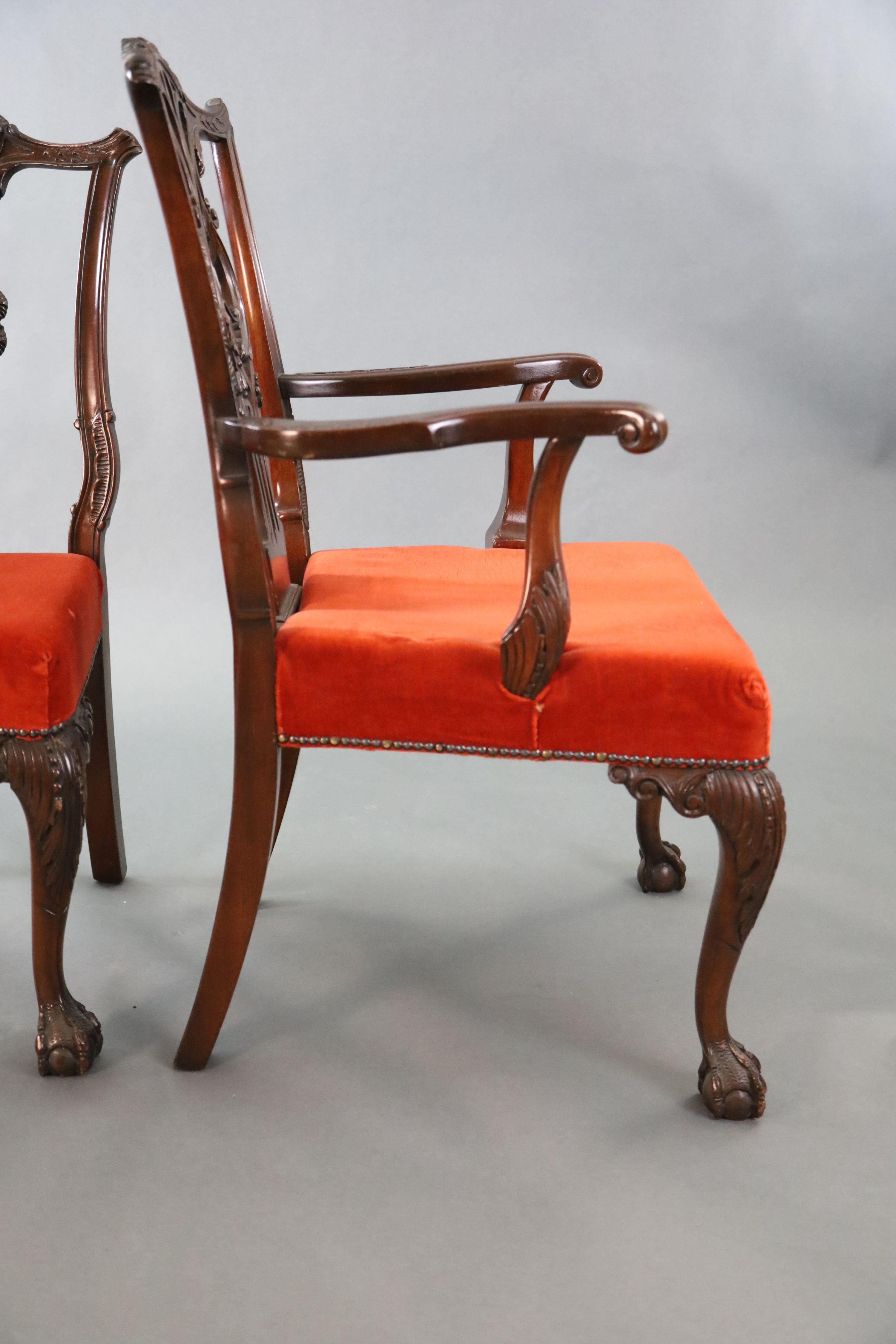 A set of eight Chippendale Revival mahogany dining chairs, including a pair of carvers, with - Image 4 of 5