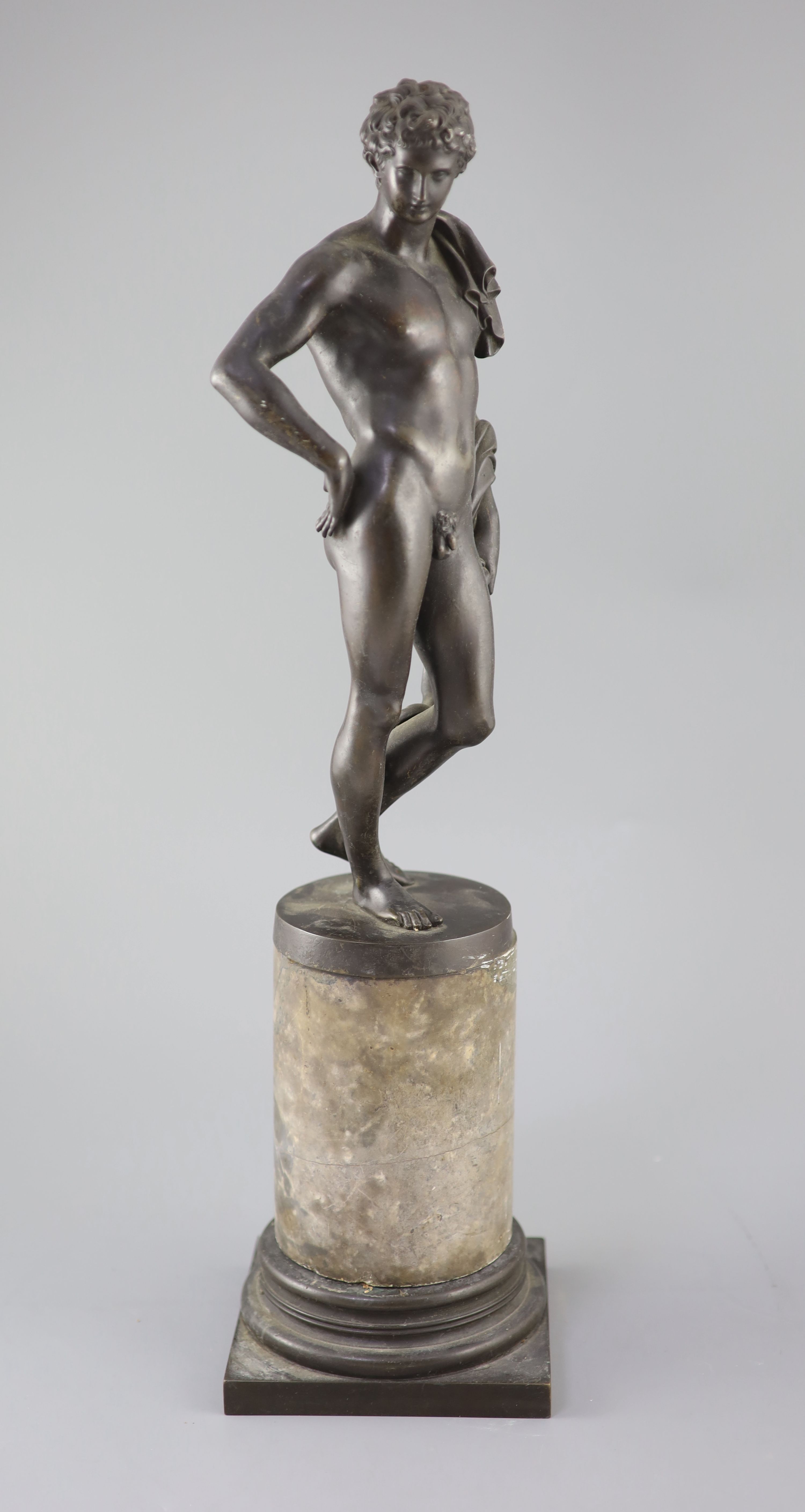 After the Antique, a bronze figure of Apollo?, 19th century, on a grey marble and bronze pedestal,