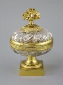 A French cut glass and ormolu urn shaped ink stand, second quarter 19th century, the glass
