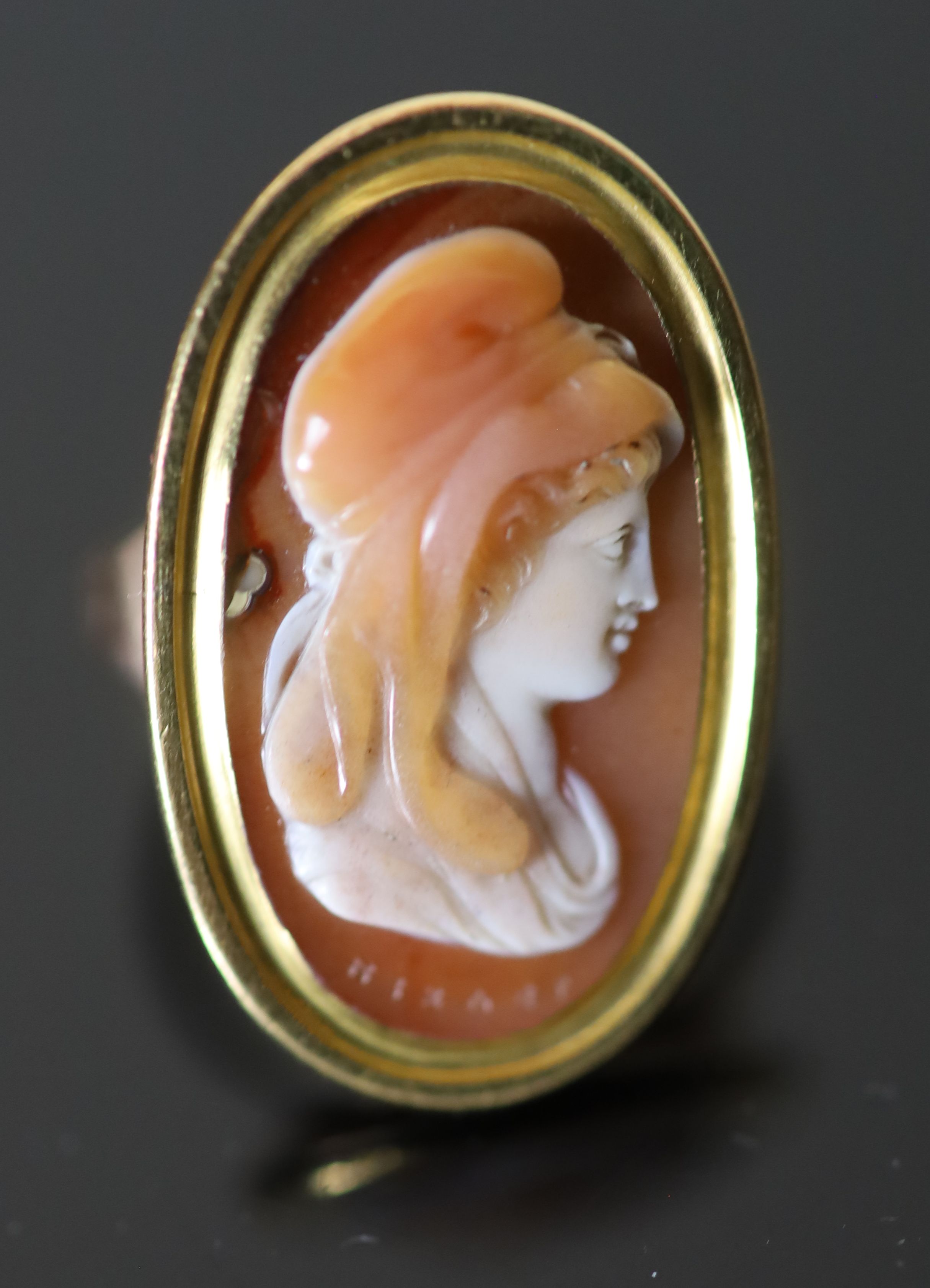 A 19th century gold and oval cameo sardonyx set ring, carved with the bust of a lady to sinister, - Image 2 of 4