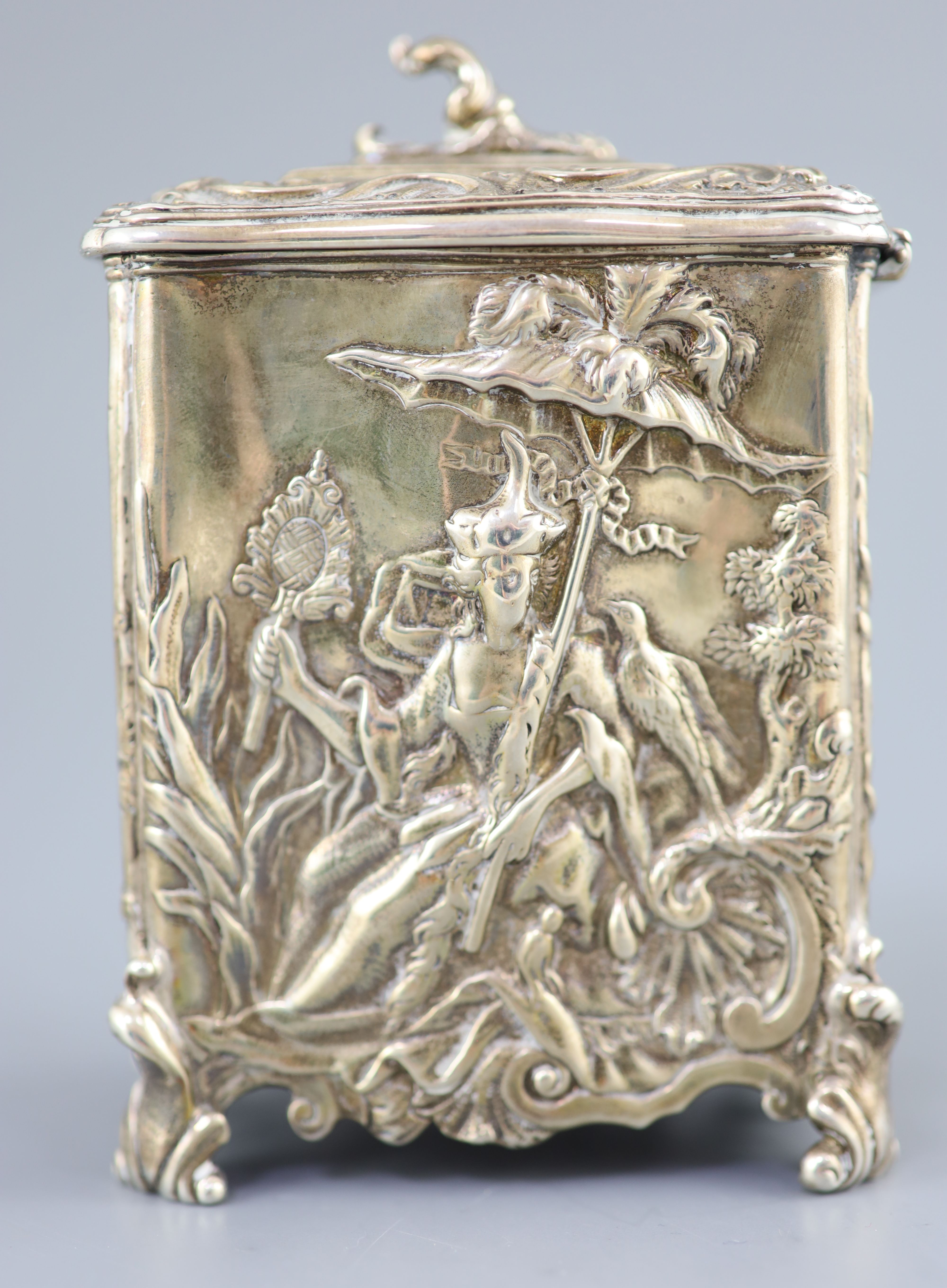 A late Victorian silver rococco style tea caddy by George Fox, of rectangular form and embossed with - Image 2 of 6