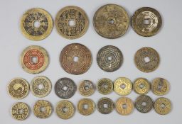 China, 24 bronze charms or amulets, Qing dynasty, two obv. magical spell characters, rev. Eight