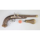 A late 18th/ early 19th century French gold inlaid pistol by Henraux with finely carved walnut