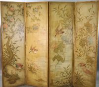 A late 19th century four leaf draught screen, with parcel gilt frame, decorated in the chinoiserie