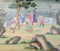 Two Chinese hand painted wallpaper panels, late 18th century decorated with figures in pavilion