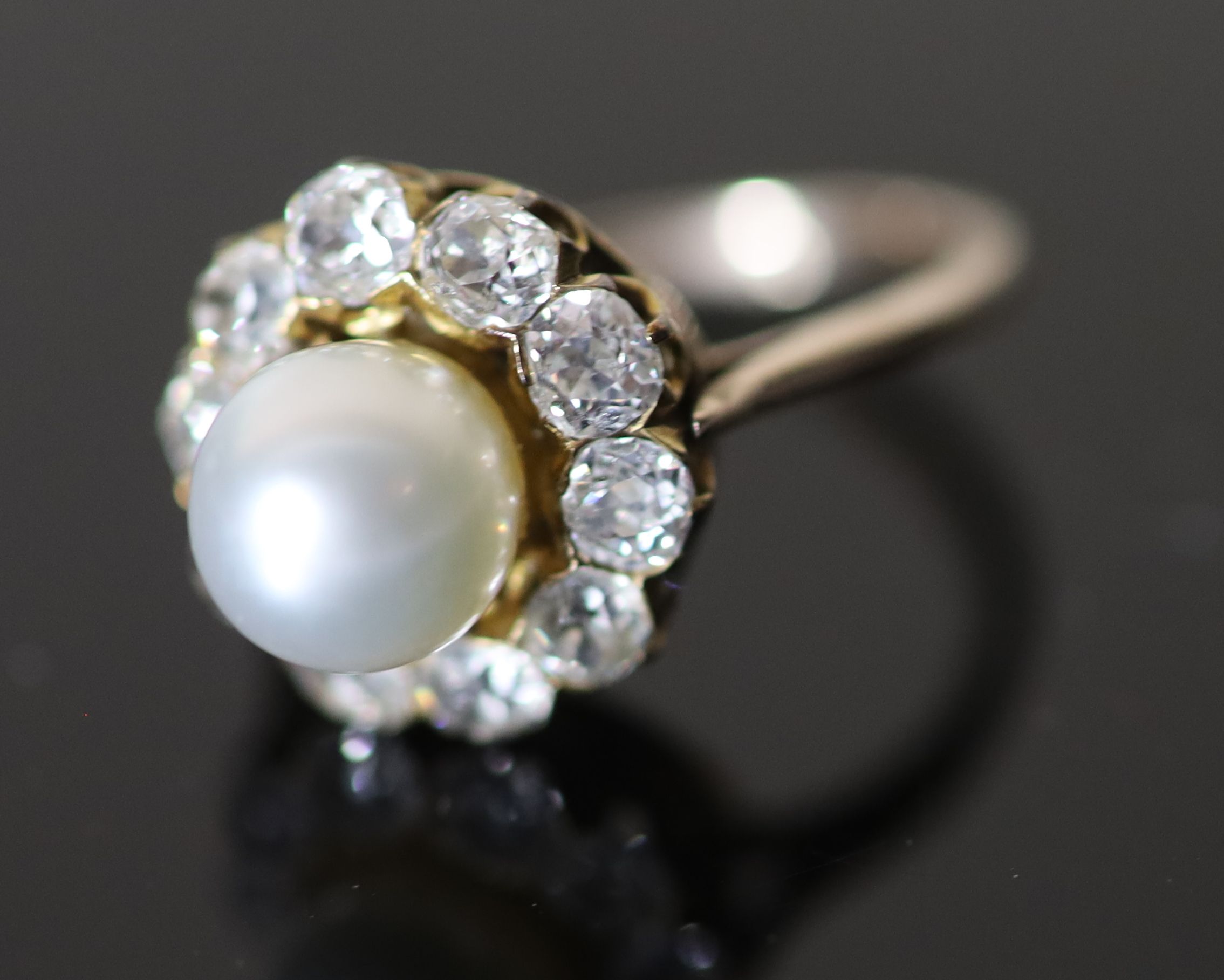 A modern gold, cultured pearl and diamond set circular cluster ring, size M, gross 4.7 grams. - Image 2 of 4