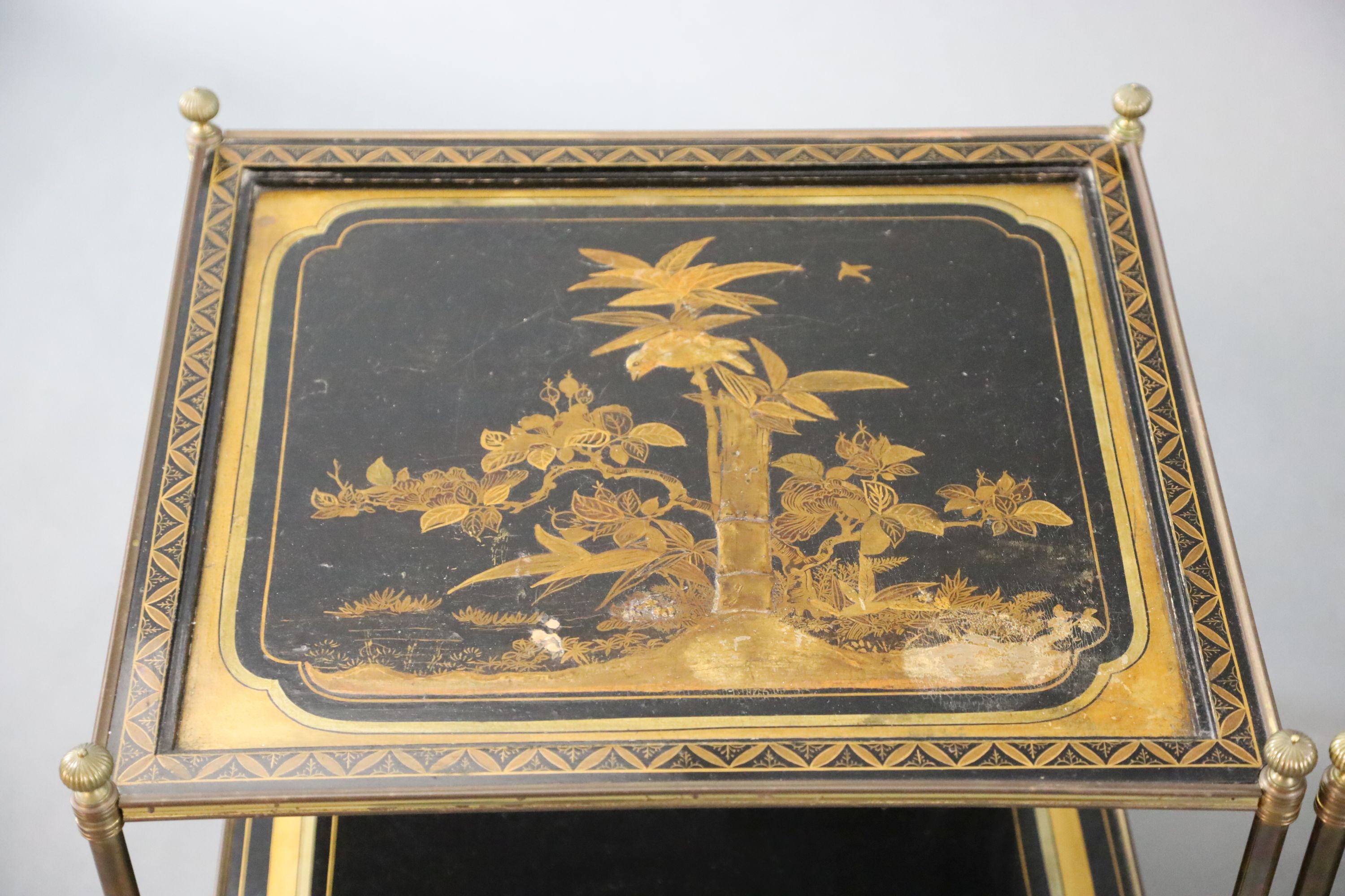 A pair of French brass and chinoiserie black lacquered two tier occasional tables, decorated with - Image 2 of 5