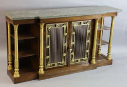 A Regency ormolu mounted rosewood breakfront side cabinet, with grey marble top and two central