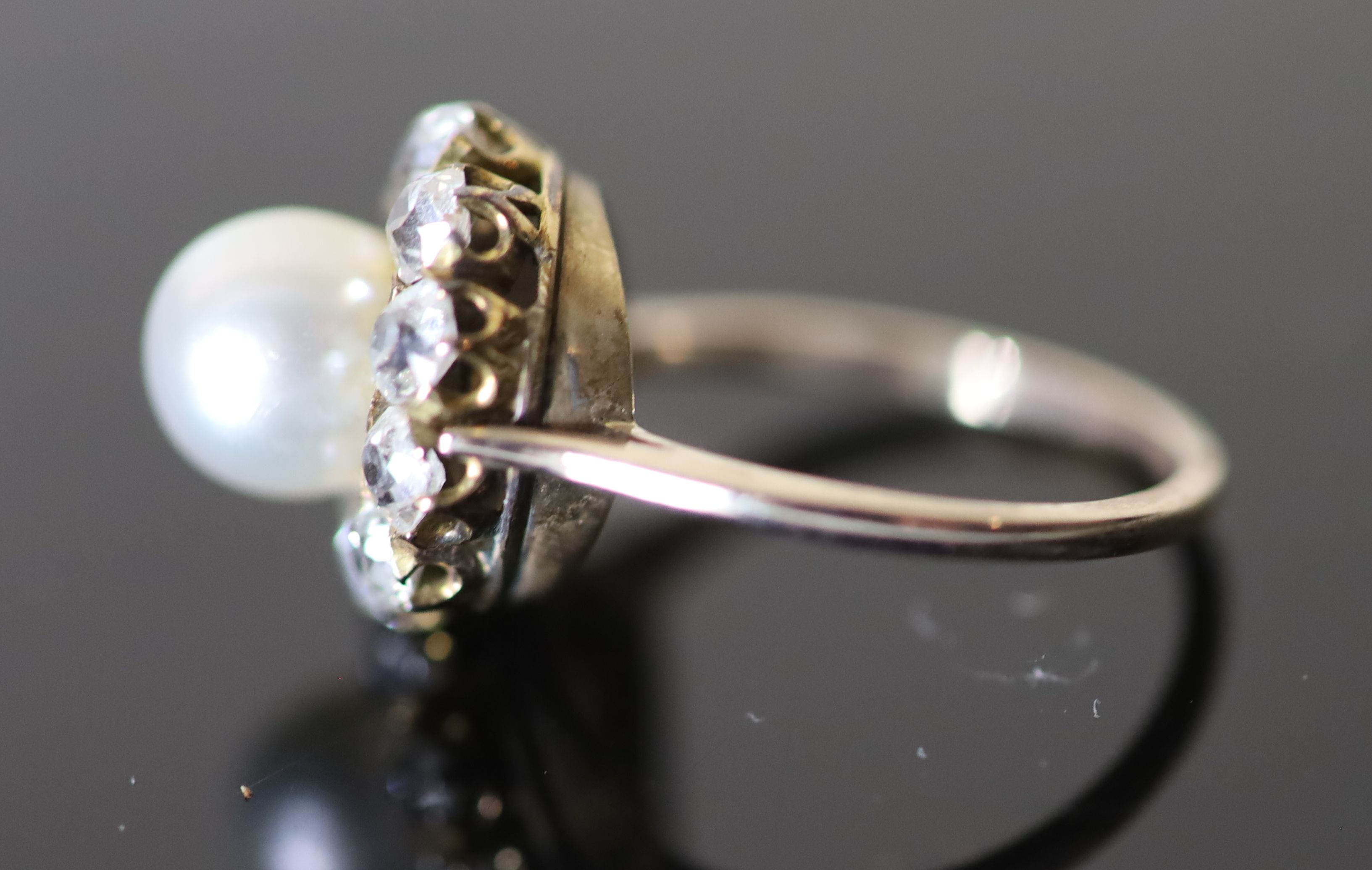 A modern gold, cultured pearl and diamond set circular cluster ring, size M, gross 4.7 grams. - Image 3 of 4