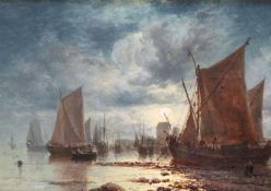 James Webb (1825-1895)oil on canvasMoonlight on the Dutch coastsigned8 x 12in.CONDITION: Oil on