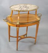 A late 19th century French satinwood, rosewood crossbanded and gilt metal mounted two tier oval