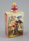 A Vienna style porcelain tea caddy, of rectangular form, painted with panels of classical figures by