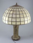 An early 20th century Tiffany style bronze table lamp, by Handel, with opaque leaded glass domed