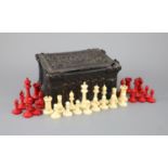 A Jaques London red and white ivory 2¾" Staunton chess set, c.1850, with original Carton Pierre