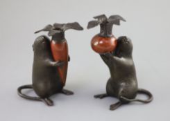 A pair of Japanese bronze 'rat' candlesticks, Meiji period, each cast and modelled as rat holding