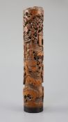 A Chinese bamboo 'landscape and figures' perfume holder, 18th century, of cylindrical form, finely