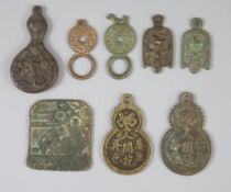 China, 8 bronze charms or amulets, Qing dynasty or earlier, 47-75mm, F to VF, three double gourd