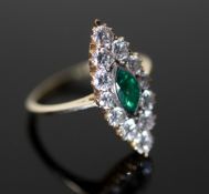 A Victorian style gold, emerald and diamond cluster set marquise shaped ring, size O/P, gross 2.7