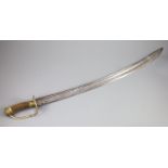 A late 17th century military hangar sword, with brass hilt, antler handle and blade engraved with