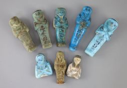 Five Egyptian turquoise glazed faience shabti and three fragments, New Kingdom to late period,