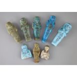 Five Egyptian turquoise glazed faience shabti and three fragments, New Kingdom to late period,