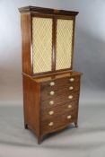 A Regency mahogany secretaire bookcase, with initialled dentil cornice and two brass grilled doors