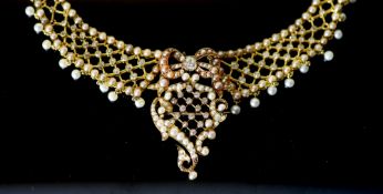 A good Victorian 15ct gold, pearl and diamond set drop pendant/brooch necklace, the necklace and