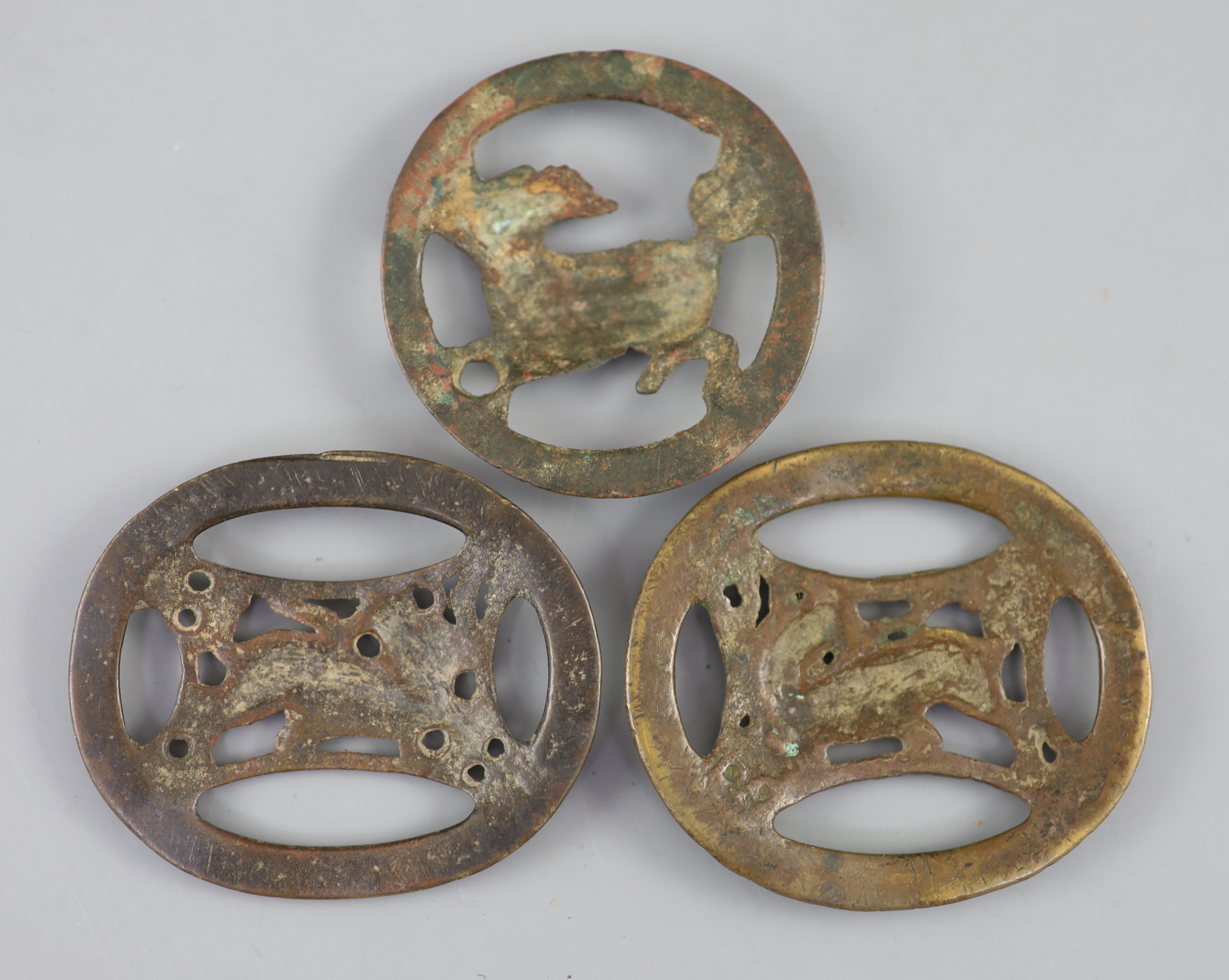 China, 3 large bronze openwork amulets, probably Song-Ming dynasty, each oval, two cast to the - Image 2 of 2