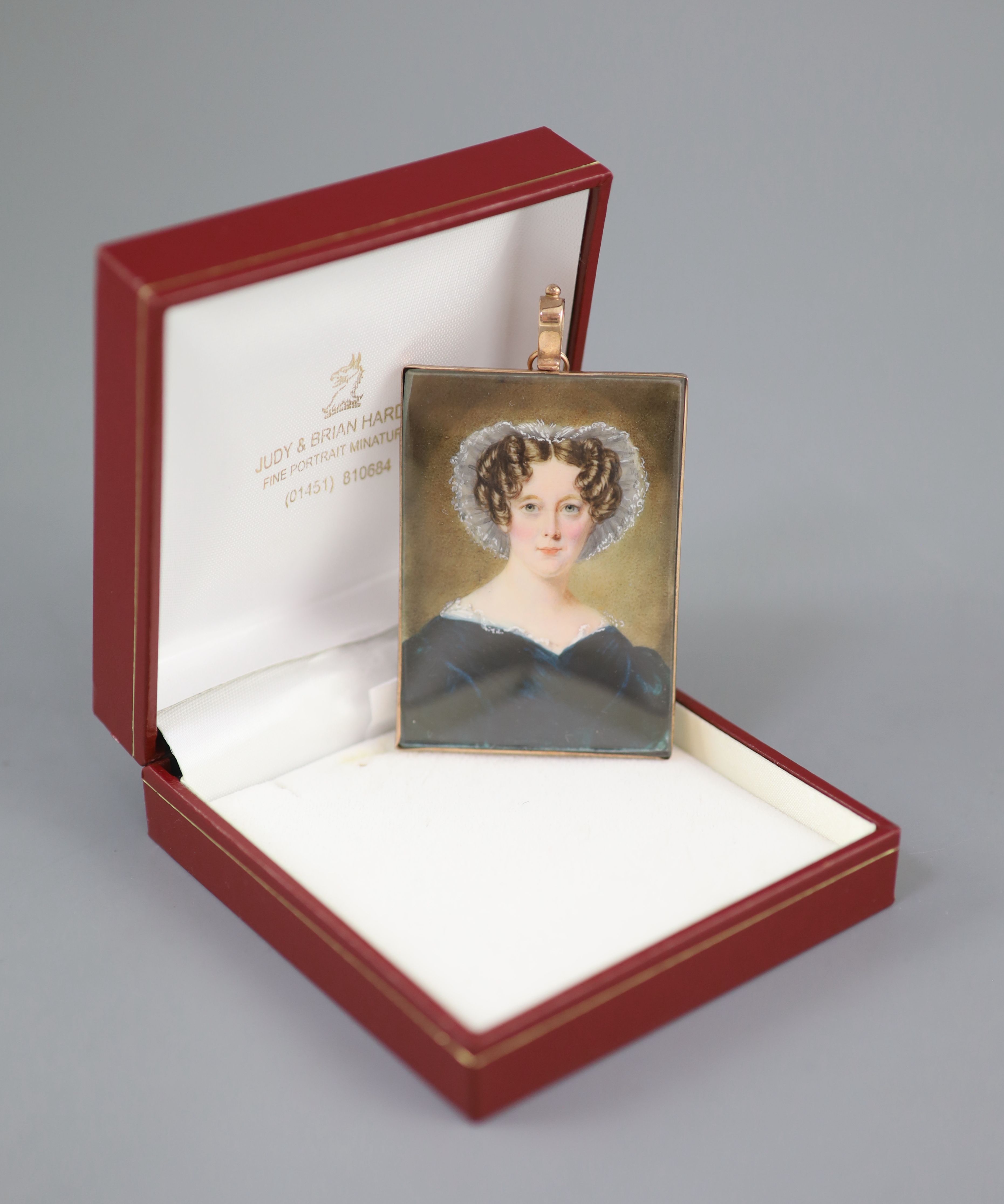 William Egley (1798-1870)oil on ivoryPortrait miniature of a lady wearing a lace bonnet and green - Image 2 of 3