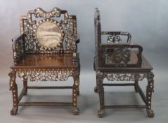 An impressive pair of Chinese hongmu and mother of pearl inlaid throne armchairs, c.1910, each