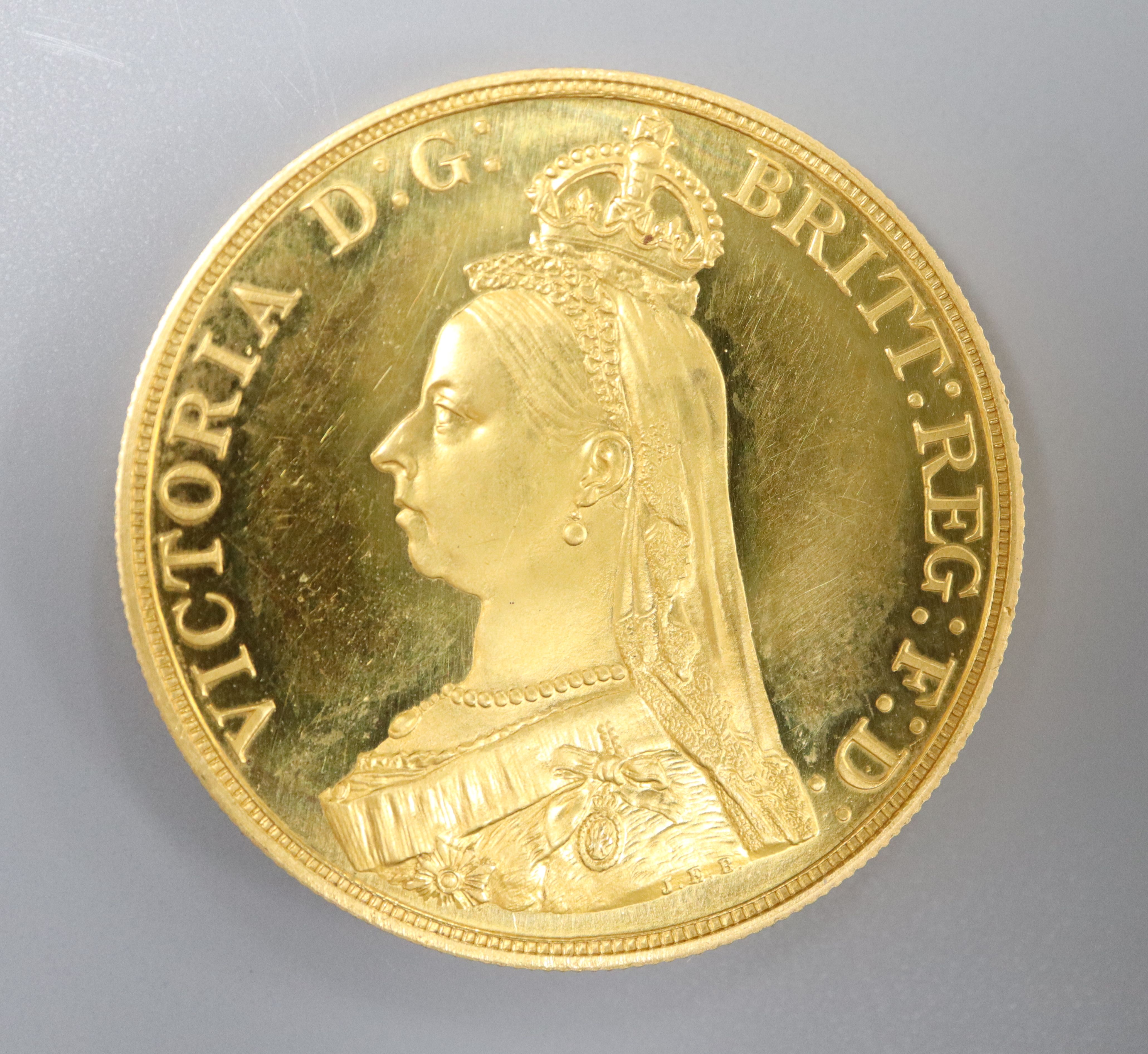 A Victoria 1887 Jubilee gold proof Five Pounds, S.3864 FDC, without B.P in exergue and a much