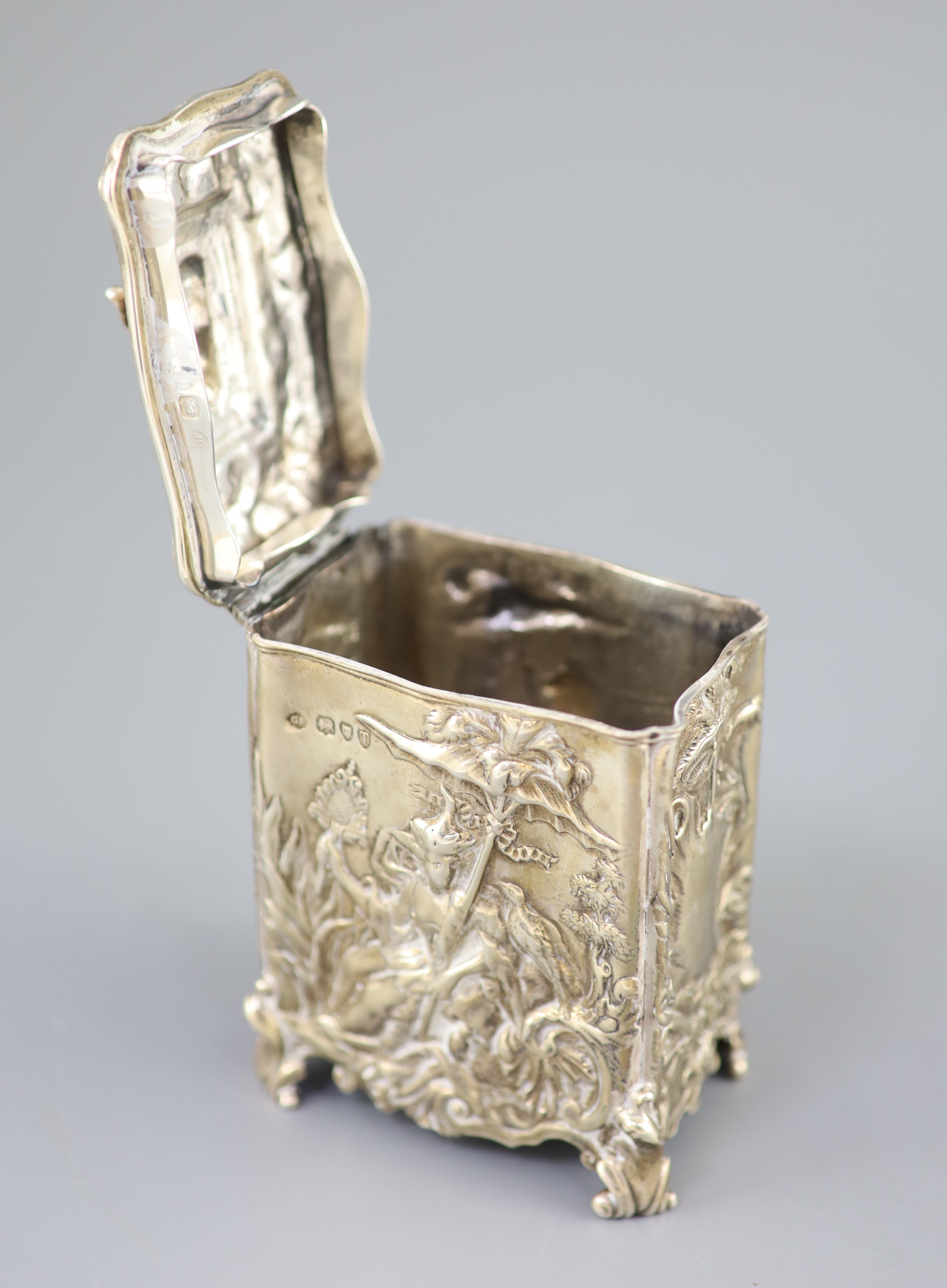 A late Victorian silver rococco style tea caddy by George Fox, of rectangular form and embossed with - Image 4 of 6
