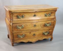 A 19th century Continental walnut serpentine commode, fitted three long drawers with brass loop